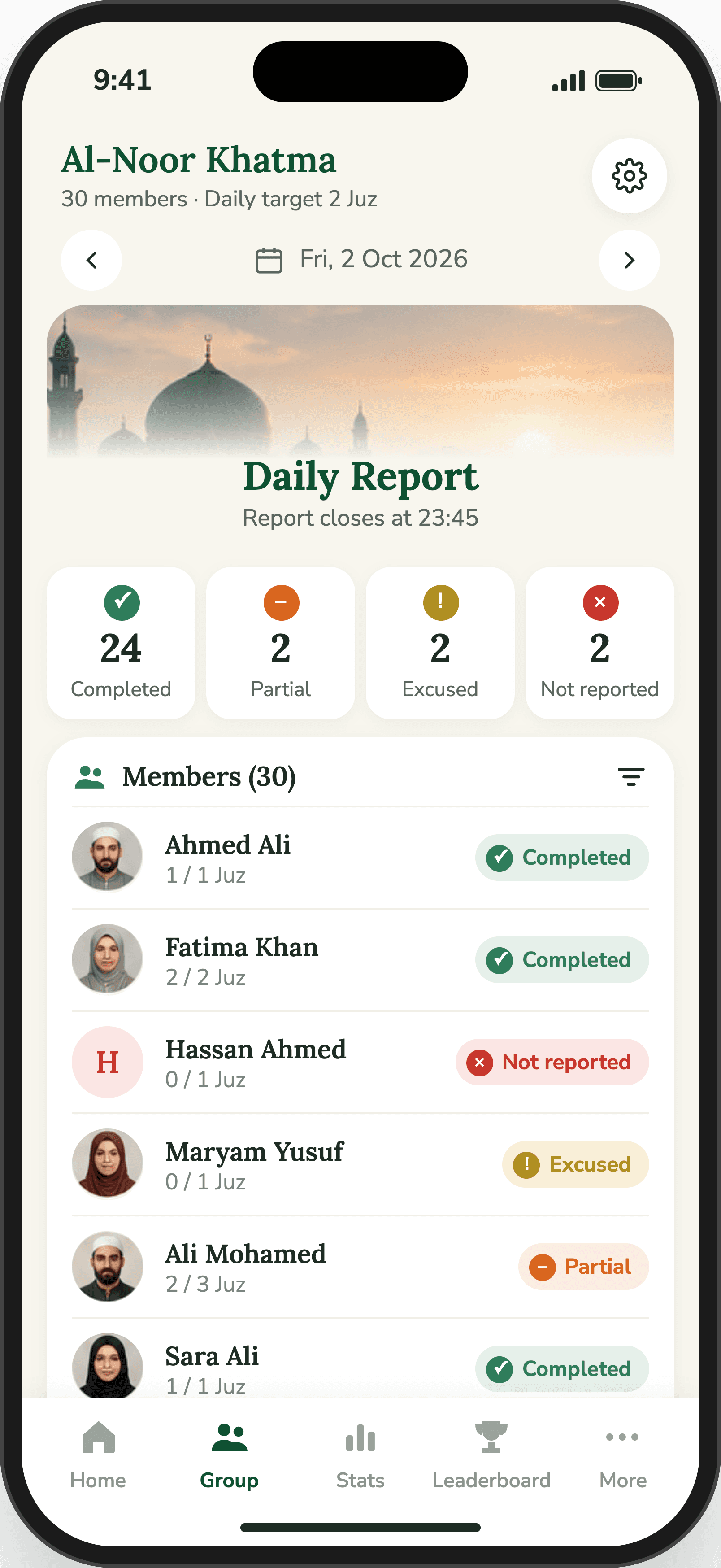 Group daily report screen
